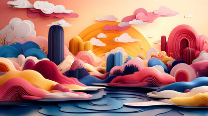 Sticker - Abstract Landscape with Paper Mountains and Clouds