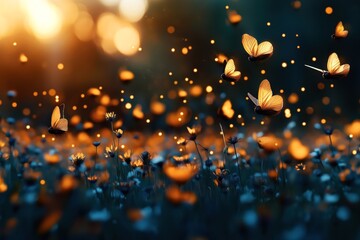 Wall Mural - Captivating image of glowing butterflies hovering over a field of blooming flowers at twilight. The scene is bathed in warm, magical light, creating a serene atmosphere.