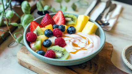 A vibrant bowl of fresh fruit salad with strawberries, kiwi, blueberries, yogurt in a soft restaurant setting, perfect for healthy dining. 