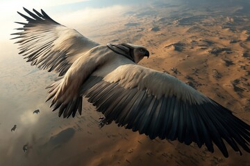 Wall Mural - A majestic eagle flying high over a vast desert landscape, casting shadows on the sand dunes below. Its wings are spread wide showcasing detailed feathers.