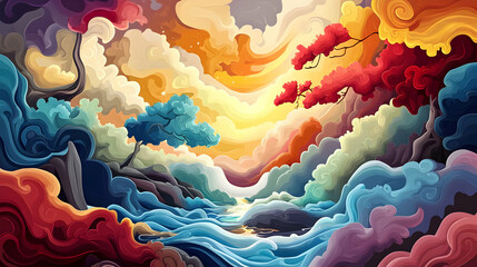 Canvas Print - Abstract Dreamy Landscape with Flowing Clouds and River