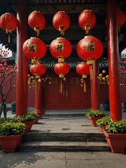 Poster - Chinese New Year decorations with red lanterns and flowers