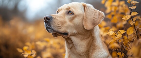 Poster - Golden Retriever Dog Looking Up in Autumn Foliage