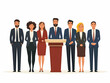 © HaJung - Flat Policy Debate Preparation Concept: Politician and Team Focused on Strategy Amidst Nervous Energy - Simple Vector Illustration for Business Use