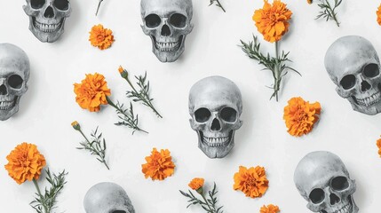 Wall Mural - A subtle pattern of skulls and marigolds in light gray tones on a white background, offering a minimalist look with generous copy space.