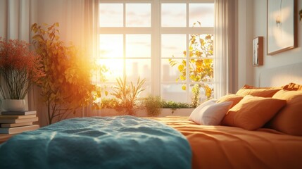 Wall Mural - Cozy Autumn Bedroom with Warm Sunlight Streaming Through Window