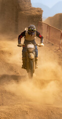 Motocross rider in action racing down a steep slope surrounded by dusty terrain in an endurance race.