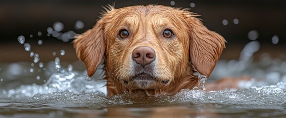 Wall Mural - Golden Retriever Dog Swimming and Looking at Camera