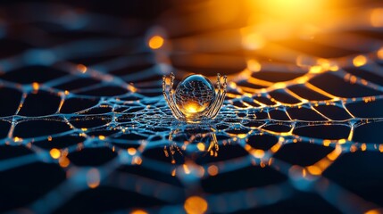 Water Droplet on a Spider Web with Bokeh Lights