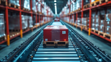 Poster - Robotic system transporting a palletized package in a modern warehouse pick area