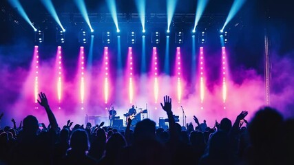 Poster - This Fans raise their hands in excitement during a lively musical performance at dusk.