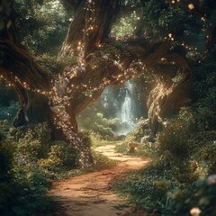 Canvas Print - A magical forest path leads to a waterfall with twinkling lights strung on the trees.