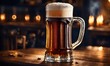 © Sanan - Mug of beer on a wooden table in a pub or bar. ai generative