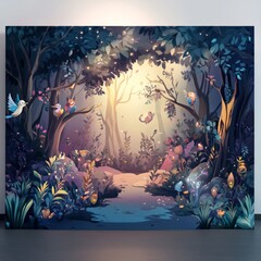 Sticker - A magical forest scene with glowing trees, birds, and a path leading into the woods.