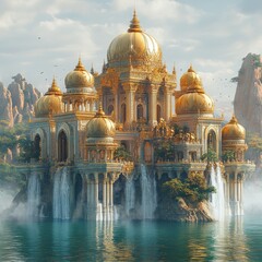 A magnificent golden palace with multiple domes, situated on a small island surrounded by waterfalls and a serene lake.