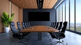 Modern Conference Room Interior Design with Wooden Walls  Black Chairs  and City View