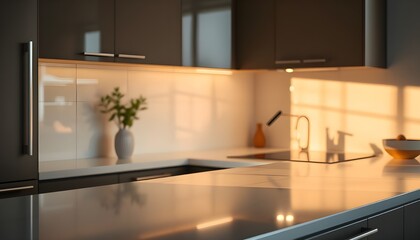 A serene and stylish kitchen counter, illuminated by the gentle warmth of a sunny morning