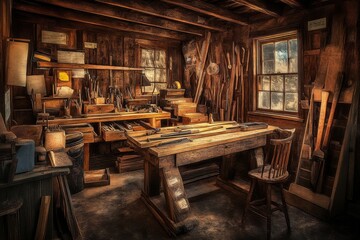 Antique tools and a wild west carpenter shop interior