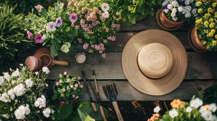 Wall Mural - Vibrant Flower Garden with Gardening Tools and Hat on Wooden Table