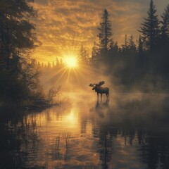 Poster - A majestic moose stands in a misty forest at sunrise, its silhouette highlighted by the golden light.