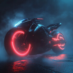 A motorcycle with neon lights on it is shown in a wet, rainy environment. 
