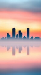 Sticker - City Skyline Reflected in Water at Sunrise.