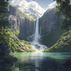 Poster - A majestic waterfall cascades down a cliff face into a pristine blue lake, surrounded by lush green vegetation and snow-capped mountains in the background.