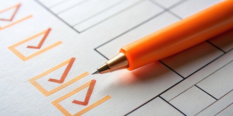 Aufkleber - Orange pen marking off checklist box on paper with copy space, Orange, checklist, marking, pen, paper