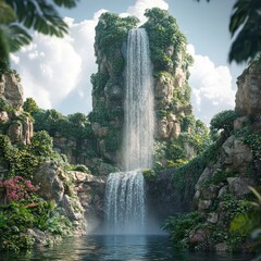 Poster - A majestic waterfall cascades down a rocky cliff face, surrounded by lush tropical foliage and a tranquil pool of water.