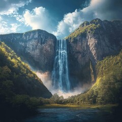 Canvas Print - A majestic waterfall cascades down a rocky cliff face, surrounded by lush greenery.