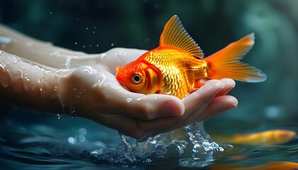 Gentle interaction between a hand and a goldfish swimming gracefully in clear water