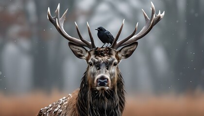 Wall Mural - Majestic red deer stag with a jackdaw perched gracefully on its back