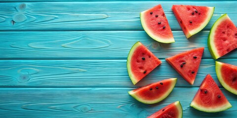 Wall Mural - Slices of watermelon on blue wooden desk, Summer, refreshing, fruit, juicy, red, green, sweet, snack, delicious, healthy