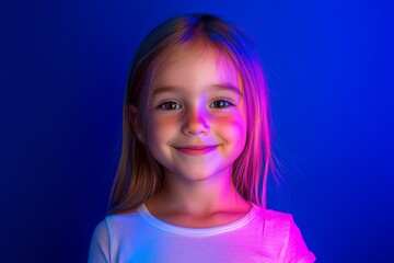 An image of a beautiful teen girl wearing a yellow polo shirt and posing with a tender smile against a neon blue background. Concept of childhood, kids, and lifestyle.