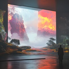 Poster - A man in a coat stands in front of a giant digital screen displaying a surreal landscape.