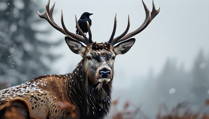 Wall Mural - Majestic red deer stag with a jackdaw perched gracefully on its back