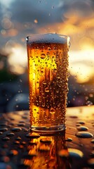 Wall Mural - Cold Beer with Water Drops at Sunset