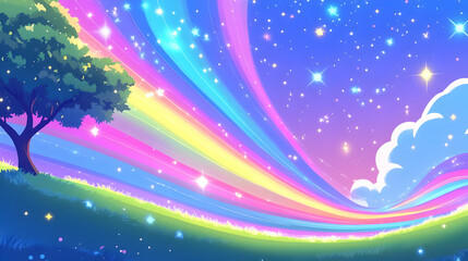 Poster - Rainbow Sky with Stars & Tree in a Dreamlike Landscape