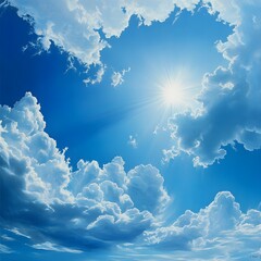 Wall Mural - Lovely blue sky scene with sun and clouds image 