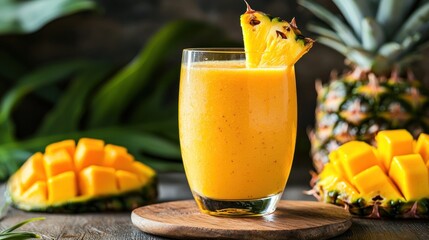 Wall Mural - Glass of mixed fruit smoothie with a combination of pineapple, mango, and papaya, topped with a slice of each fruit.