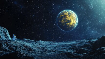 futuristic space scene with a starry background, featuring a vibrant blue earth and a prominent glow