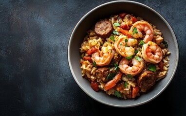 Delicious shrimp and sausage jambalaya in a bowl on dark background