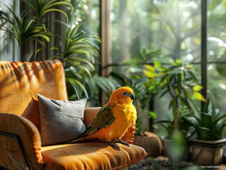 Yellow Parrot Sitting on a Leather Chair in a Sunlit Room