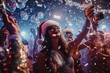 © YURIMA - The festive party is full of joy and cheer as guests wear Santa hats, dance in confetti, and create a lively and celebratory atmosphere, exuding a jubilant mood for a glamorous and bubbly celebration