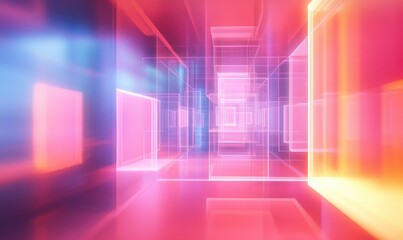 Poster - Line art illustration of geometric squares in a luminous 3D space creating an abstract backdrop