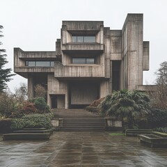 Poster - A modern concrete building with a geometric design and a set of stairs leading up to the entrance, surrounded by greenery.