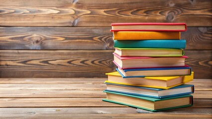 Poster - A stack of colorful books on a wooden table, literature, reading, education, knowledge, library, studying, school