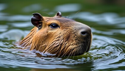 Wall Mural - Intimate view of a capybara gliding through a tranquil river, capturing the essence of natures wildlife.