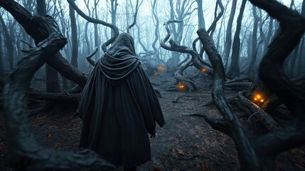 A mysterious hooded figure walks through a dark, eerie forest with twisted trees and glowing orange eyes peering from the shadows, evoking a sense of dread and intrigue.