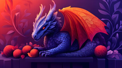 Sticker - Blue Dragon with Red Wings, Fantasy Creature in Purple Forest